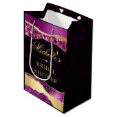 パープルとゴールドのグリッター ティアーズ ボケ ブライズ シャワー ミディアムペーパーバッグ (正面アングル)