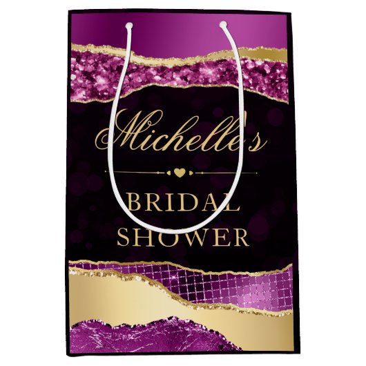 パープルとゴールドのグリッター ティアーズ ボケ ブライズ シャワー ミディアムペーパーバッグ (正面)