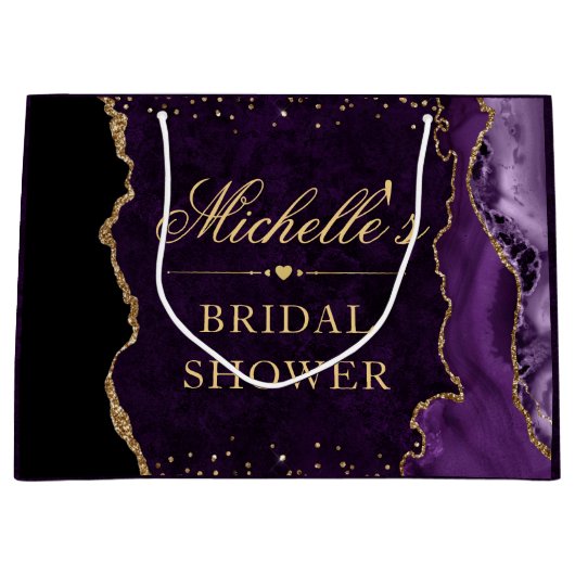 パープルとゴールドのグリッター マーブル アゲート ブライダルシャワー ラージペーパーバッグ (正面)