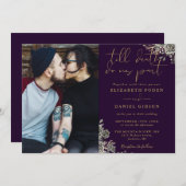 パープルとゴールドのゴシックローズの花の写真 ウェディング 招待状 (正面/裏面)