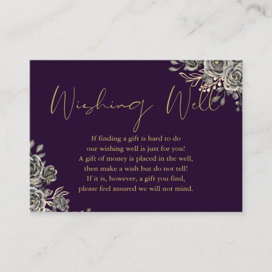 パープルとゴールドのゴシック フローラル ウィッシュ ウェル ウェディング エンクロージャーカード (正面)