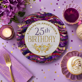 パープルとゴールドのジェイビルストラタ 25歳の誕生日 ペーパープレート