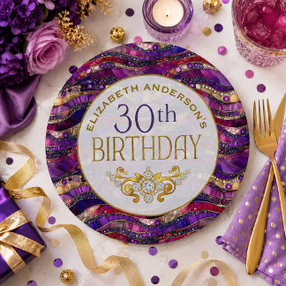 パープルとゴールドのジュエルストラータ 30歳の誕生日 ペーパープレート