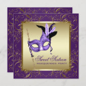 パープルとゴールドのスイート16マスカレードパーティー 招待状 (正面/裏面)