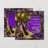 パープルとゴールドのハイヒール 女性の誕生日パーティー 招待状 (正面/裏面)