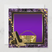 パープルとゴールドのハイヒール 女性の誕生日パーティー 招待状 (裏面)