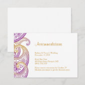 パープルとゴールドのペイズリー ウェディング アコモデーション エンクロージャーカード (正面/裏面)
