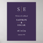 パープルとゴールドのモノグラム結婚式ウェルカムサイン ポスター (正面)