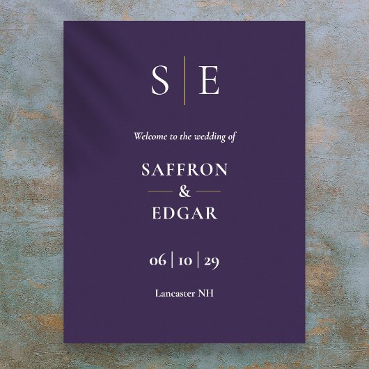 パープルとゴールドのモノグラム結婚式ウェルカムサイン ポスター