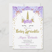 パープルとゴールドのユニコーンの女の子 赤ちゃんのお祝い スプリンクラー 招待状 (正面)