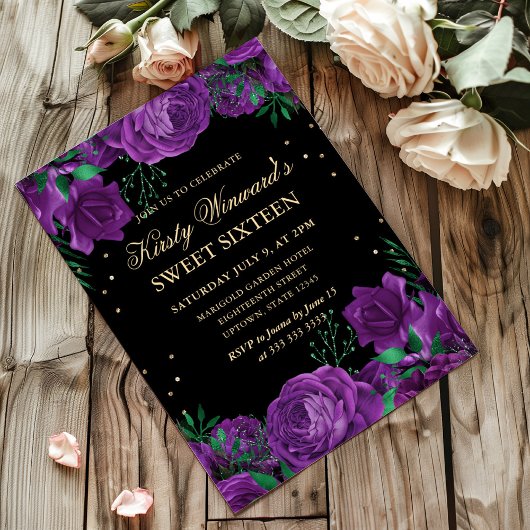 パープルとゴールドのローズボーダー フラワースイート16 招待状