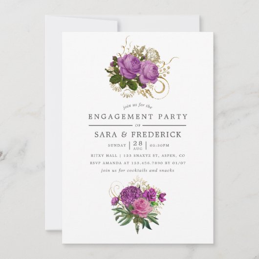 パープルとゴールドのヴィンテージスタイルおしゃれエンゲージメントパーティー 招待状 (正面)