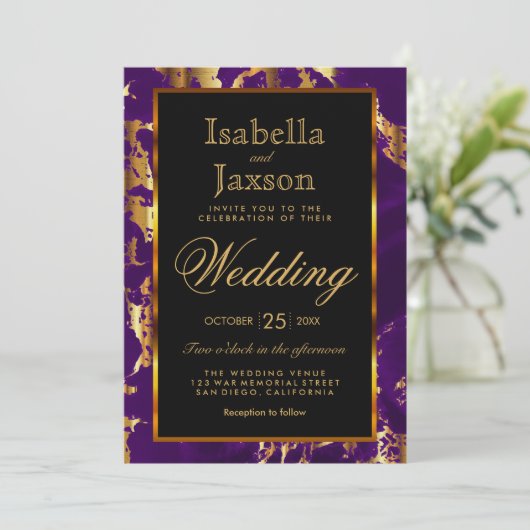 パープルとゴールドの大理石とブラックの招待状 招待状 (スタンド正面)
