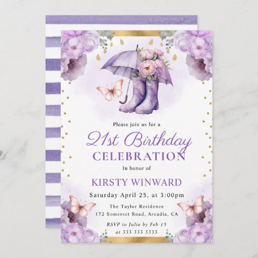 パープルとゴールドの春の傘 21歳の誕生日 招待状 (正面/裏面)