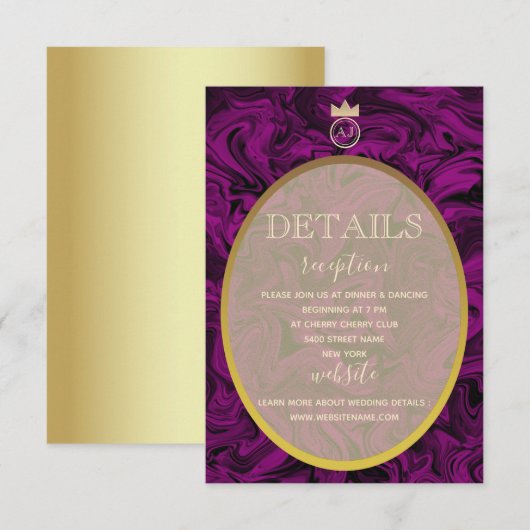 パープルとゴールドの箔 エレガントな結婚式の詳細カード 招待状 (正面/裏面)