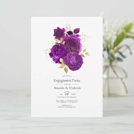 パープルとゴールドの花のエンゲージメントパーティー 招待状 (スタンド正面)