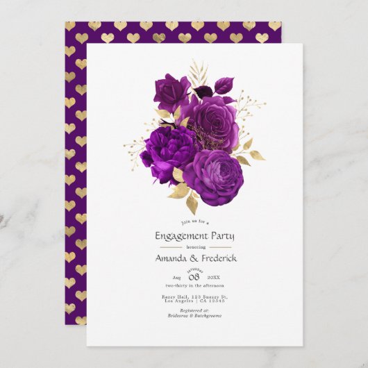 パープルとゴールドの花のエンゲージメントパーティー 招待状 (正面/裏面)