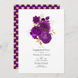 パープルとゴールドの花のエンゲージメントパーティー 招待状