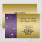 パープルとゴールドの花の蝶の結婚式 招待状 (正面/裏面)