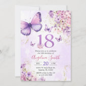 パープルとゴールドの花の蝶 18歳の誕生日 招待状 (正面)