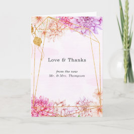 パープルとゴールドの花柄幾何学模様の結婚式写真 サンキューカード