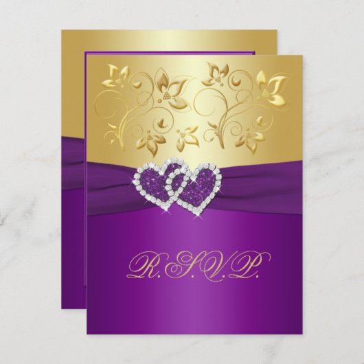 パープルとゴールドの花柄返信カード 出欠カード (正面/裏面)