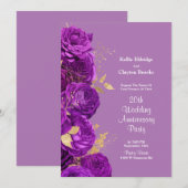 パープルとゴールドの花柄 ウェディング アニバーサリー パーティー 招待状 (正面/裏面)