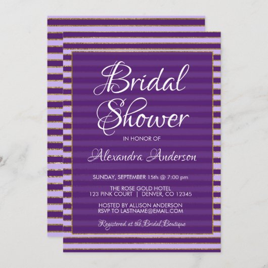 パープルとゴールドフォイルストライプブライダルシャワーパーティー 招待状 (正面/裏面)