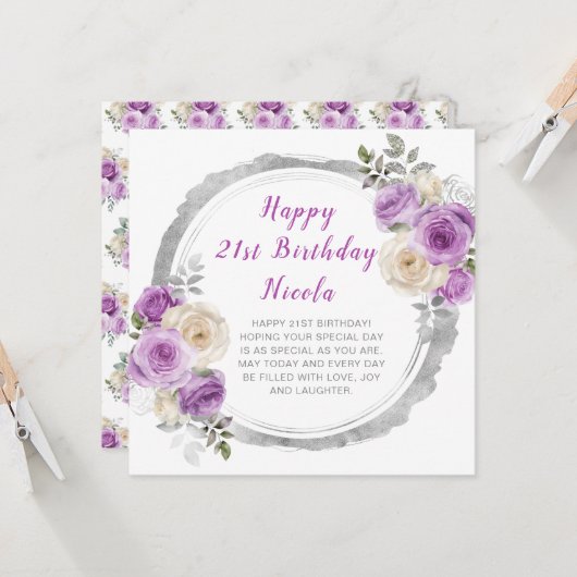 パープルとシルバーのエレガントな花の誕生日 カード (正面/裏面インサイチュ)