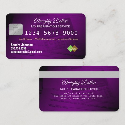 パープルとシルバーのクレジットカードのお金 名刺 (正面/裏面)