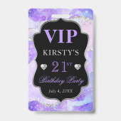 パープルとシルバーのグリッターアゲート誕生日VIP バッジ (裏面)