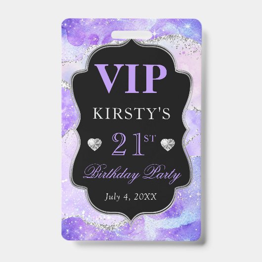 パープルとシルバーのグリッターアゲート誕生日VIP バッジ (正面)