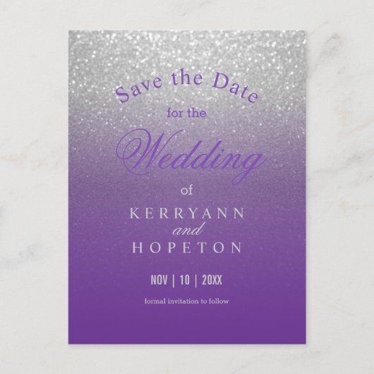パープルとシルバーのグリッター - セーブ・ザ・デート 案内ポストカード (正面)