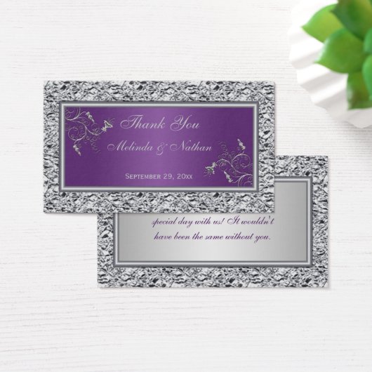 パープルとシルバーのフローラ結婚式の引き出物ラベル (デスク)