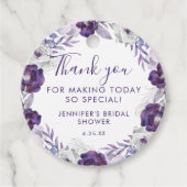 パープルとシルバーの水彩花のブライダルシャワー フェイバータグ (正面)