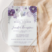 パープルとシルバーの水彩花のブライダルシャワー 招待状