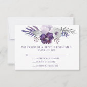 パープルとシルバーの水彩花モチーフの結婚式　出欠確認のお願い 出欠カード (正面)