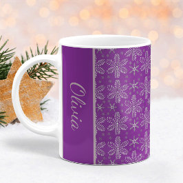 パープルとシルバーの雪の結晶 クリスマスマグ コーヒーマグカップ