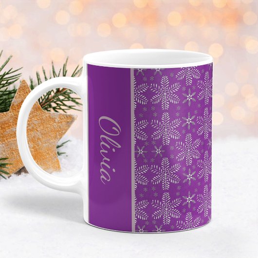 パープルとシルバーの雪の結晶 クリスマスマグ コーヒーマグカップ