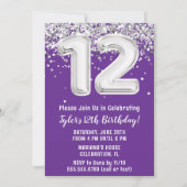 パープルとシルバーの12歳の誕生日 招待状 (正面)