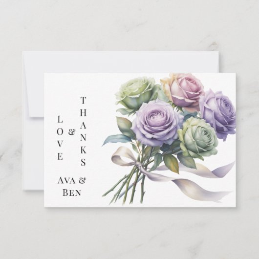 パープルとセージグリーンのローズラブと感謝 サンキューカード (正面)