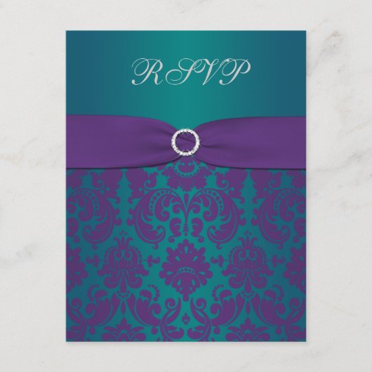 パープルとターコイズのダマスク結婚式出欠確認カード 出欠カード (正面)