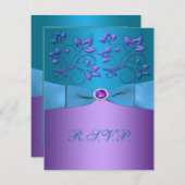 パープルとターコイズの花柄返信カード 出欠カード (正面/裏面)