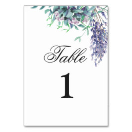 パープルとターコイズブルーのフラワーブライダル。ラベンダーの庭園 テーブルナンバー