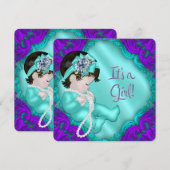 パープルとターコイズブルーの女の子のベビーシャワー 招待状 (正面/裏面)