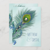 パープルとターコイズブルーの孔雀の結婚式 招待状 (正面/裏面)
