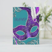 パープルとターコイズブルーマスカレードパーティーRSVP 出欠カード (スタンド正面)