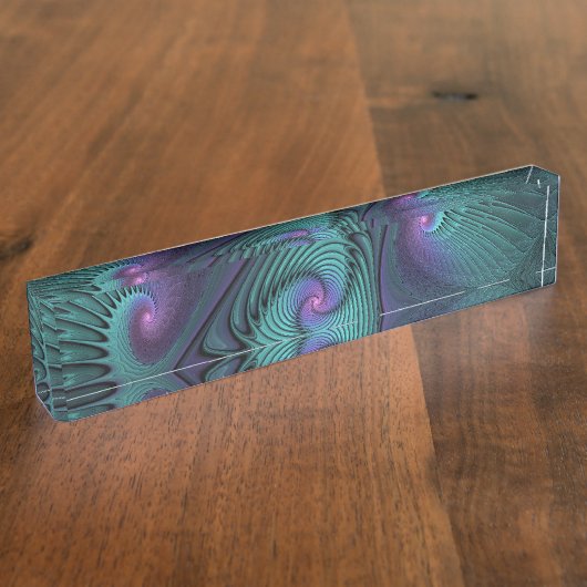 パープルとターコイズモダン抽象芸術のフラクタル・アート デスクネームプレート (側面)