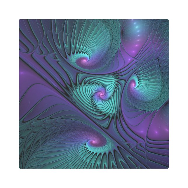 パープルとターコイズモダン抽象芸術のフラクタル・アート メタルプリント (正面)