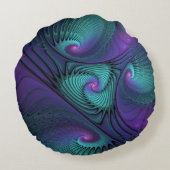 パープルとターコイズモダン抽象芸術のフラクタル・アート ラウンドクッション (裏面)
